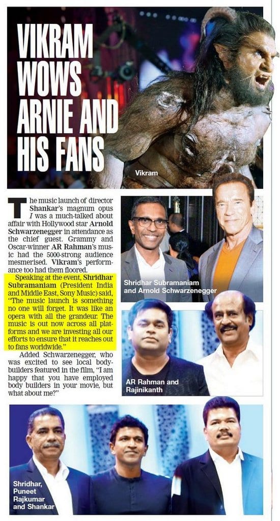 Vikram, Shankar, AR Rahman, Arnold Schwarzenegger and Rajnikanth at the I Music Launch