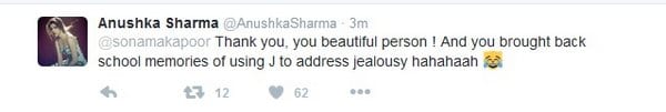 Sonam Kapoor Praises Anushka Sharma on Twitter