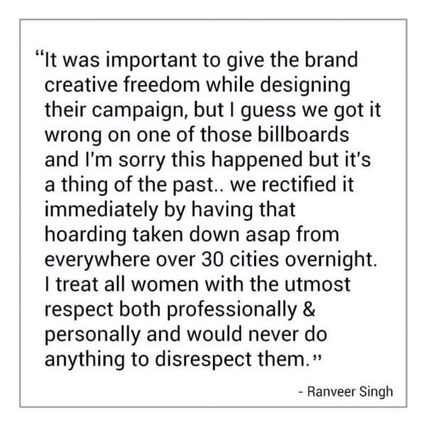 Ranveer Singh's Apology