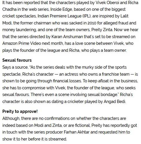 Preity Zinta denies that Richa Chadha's character in Inside Edge is based on her