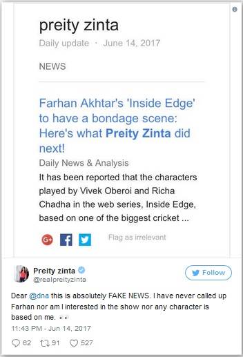 Preity Zinta denies that Richa Chadha's character in Inside Edge is based on her